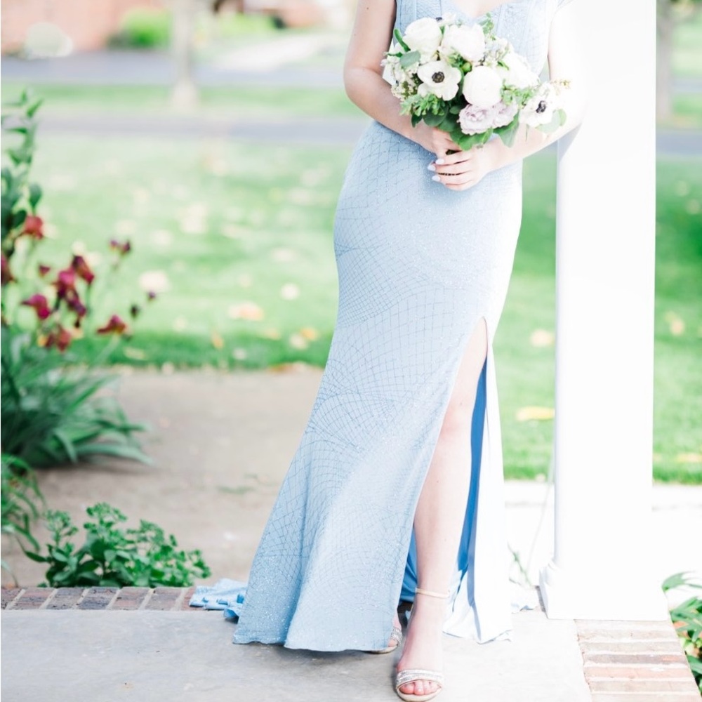 Jovani Blue Backless Gown with Slit for Prom
